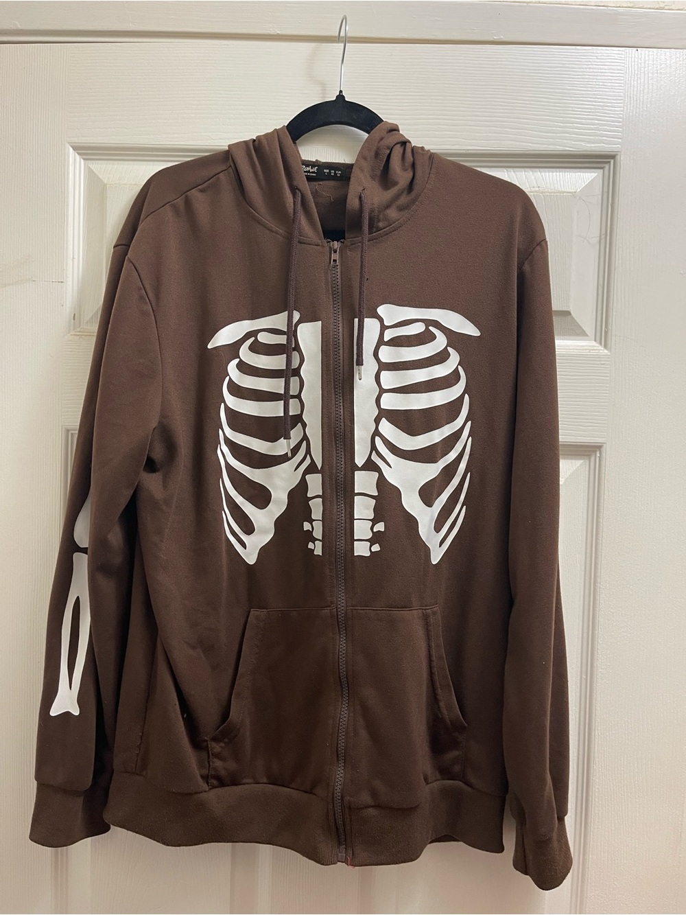 ROMWE Brown Zip-Up Hoodie with White Skeleton Print